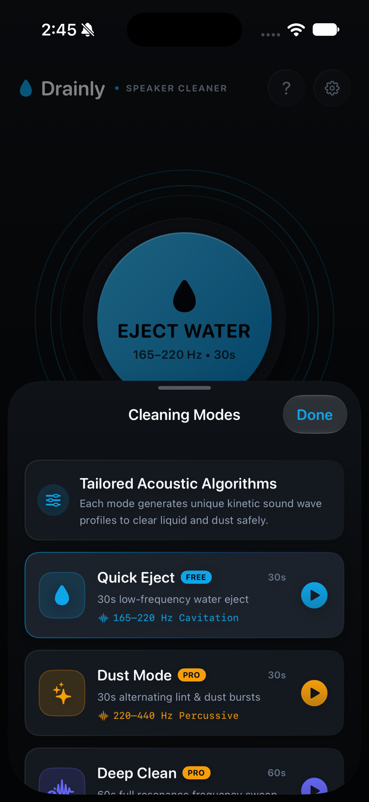 Drainly cleaning modes: Deep Clean, Dust Mode, and Earbuds Mode
