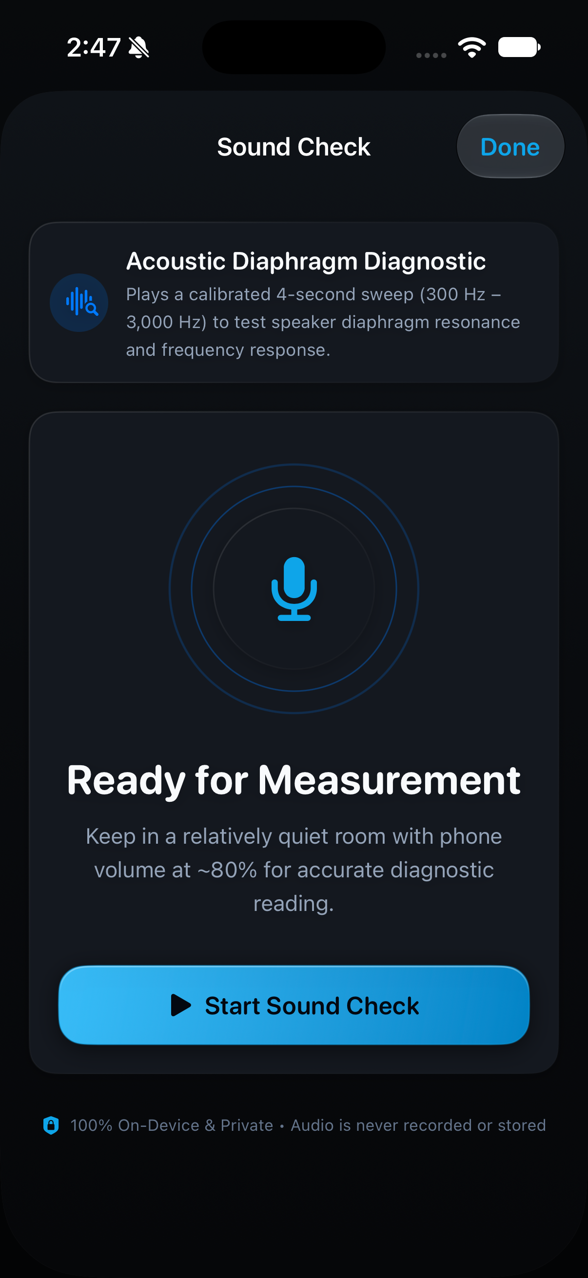 Drainly Sound Check FFT analysis testing speaker clarity across frequencies